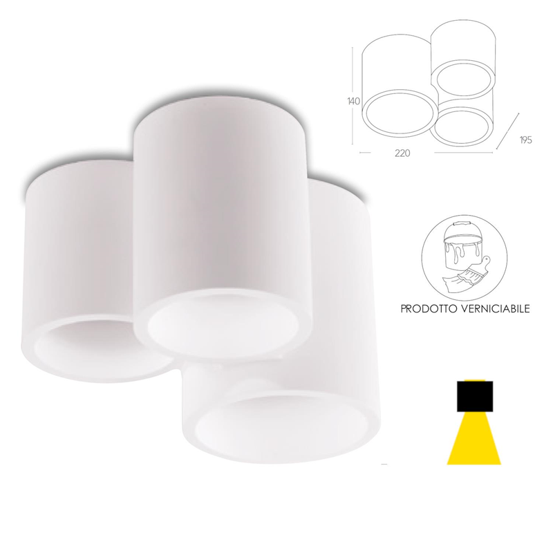 Applique Banjie tondo a soffitto in gesso bianco a tre elementi 3XGU10 - Fan Europe Intec I-BANJIE-PL3 