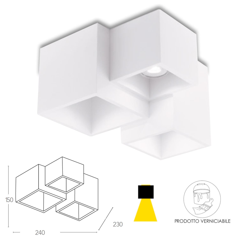 Applique Foster cubica da soffitto in gesso bianco 3XGU10 - Fan Europe Intec I-FOSTER-PL3