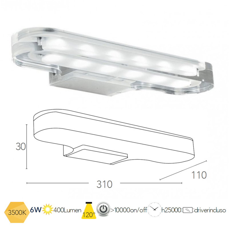 Applique per specchi o quadri trasparente LED 6W 3500K - Fan Europe Intec LED-W-PHOENIX/6W