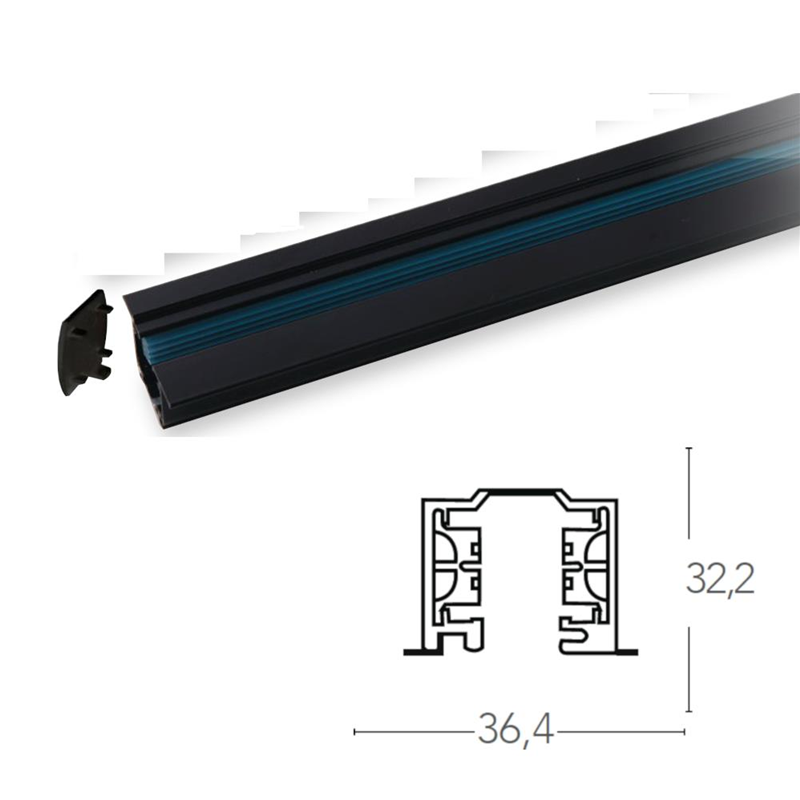 Binario guida ad incasso nero trifase 2mt tappi inclusi 3,6X3,2X100cm - Fan Europe LED-TRACK-2M-INC-NERO