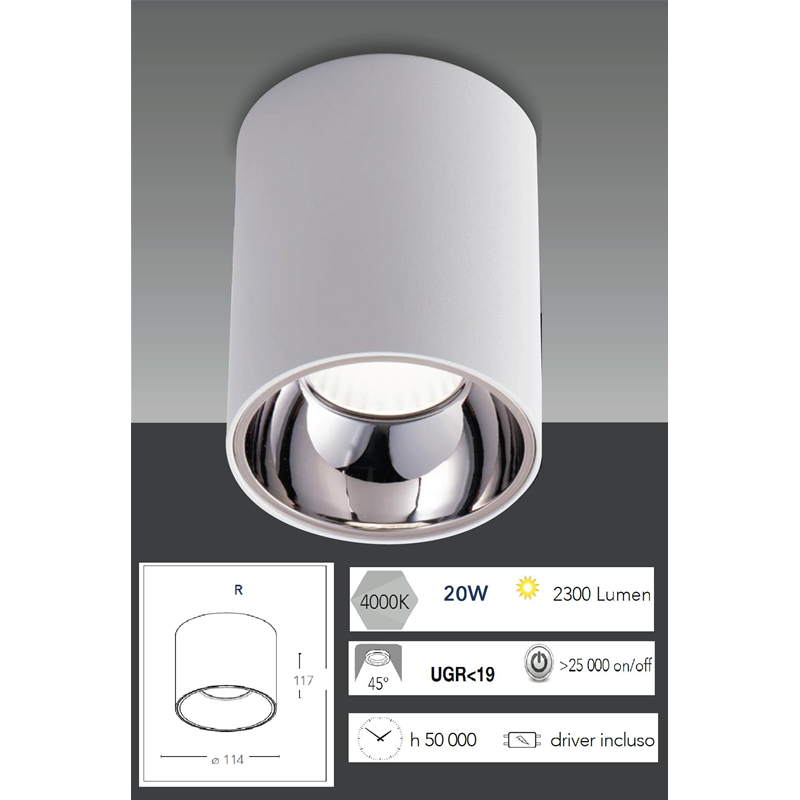 Plafoniera LED MIG Bianca 20W 2300LM 4000K CRI90 11,4X11,7cm - Fan Europe LED-MIG-R20-BCO