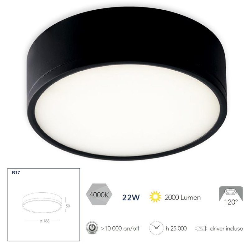 Plafoniera a led colore nera KLIO rotonda 22W 2000LM 4000K - Fan Europe LED-KLIO-R17-NER