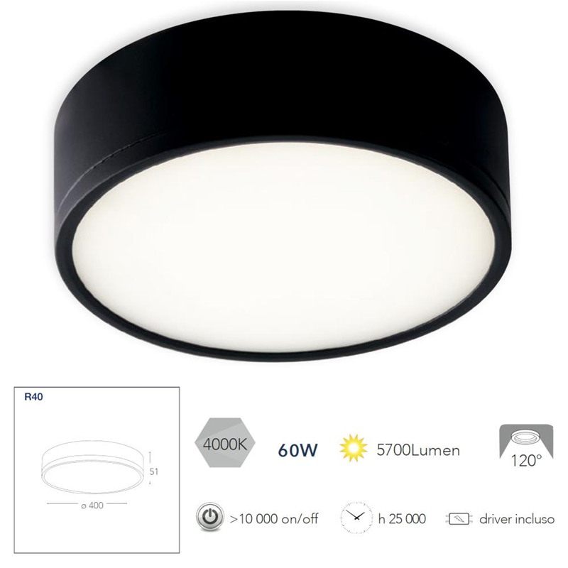 Plafoniera LED integrato KLIO nera 64.8W 6200LM 4000K 40X5,1cm - Fan Europe Intec LED-KLIO-R40-NER