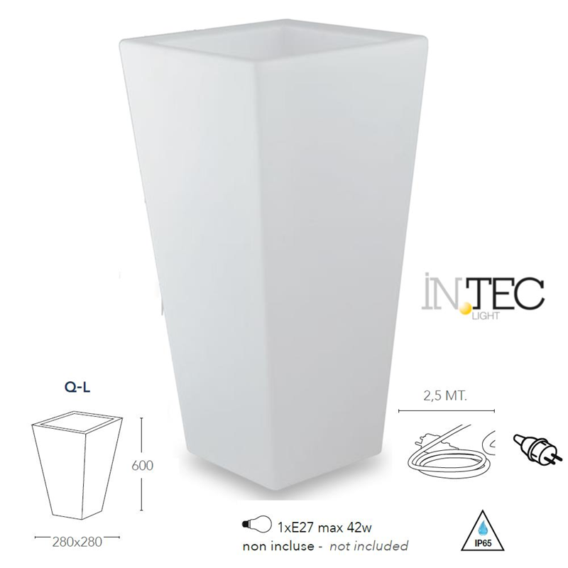 Vaso luminoso da giardino bianco 28x28x60cm lampada E27 cavo 250cm IP65 Geco - Fan Europe Intec I-GECO-VASO-E-Q-L