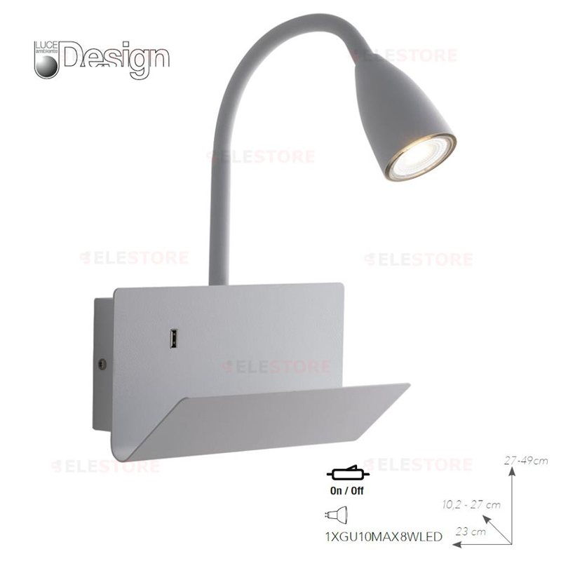 Applique bianco con lampada led orientabile, mensola ed entrata USB 2A 1XGU10 - Fan Europe I-GULP-AP BCO