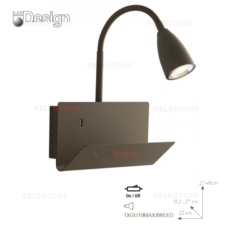 Applique fango con lampada led orientabile, mensola ed entrata USB 2A 1XGU10 - Fan Europe I-GULP-AP FNG 