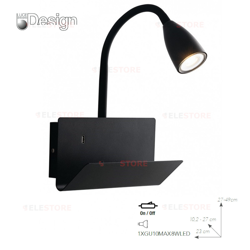Applique nero con lampada led orientabile, mensola ed entrata USB 2A 1XGU10 - Fan Europe I-GULP-AP NER