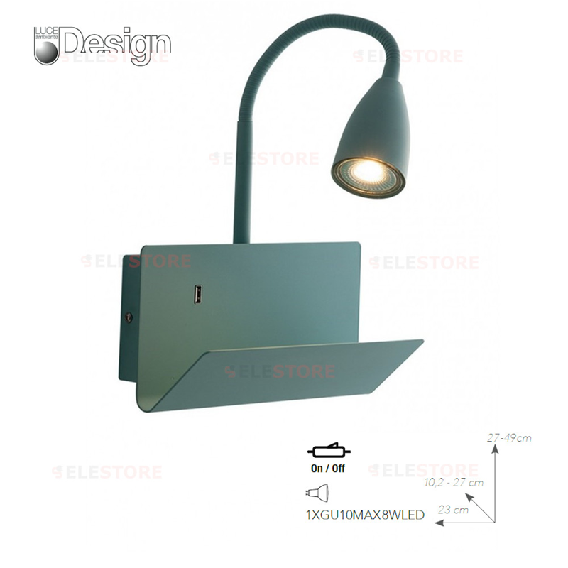 Applique verde con lampada led orientabile, mensola ed entrata USB 2A 1XGU10 - Fan Europe I-GULP-AP VER