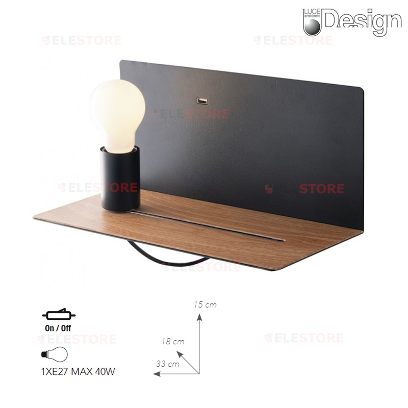 Applique nero con lampada orientabile, mensola e presa USB 2A 1XE27 - Fan Europe I-FLASH-AP NER