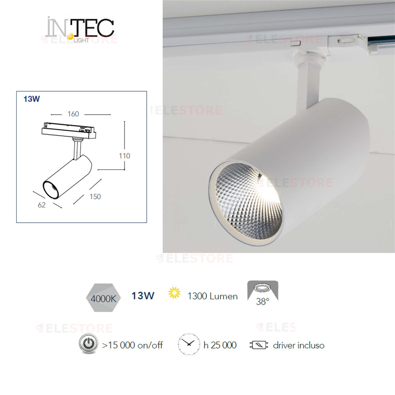 Faretto led a binario bianco 13W 4000K - Fan Europe Intec LED-ACTION-W-13M