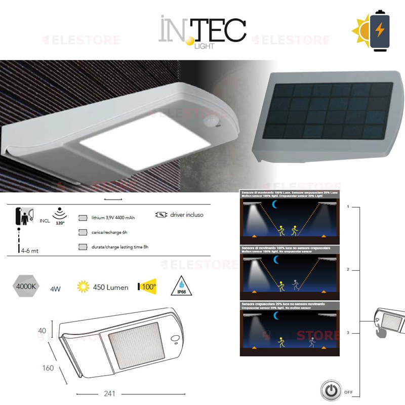Applique da esterno ad energia solare 4W 4000K IP66 - Fan Europe Intec LED-EOS-SOLAR 