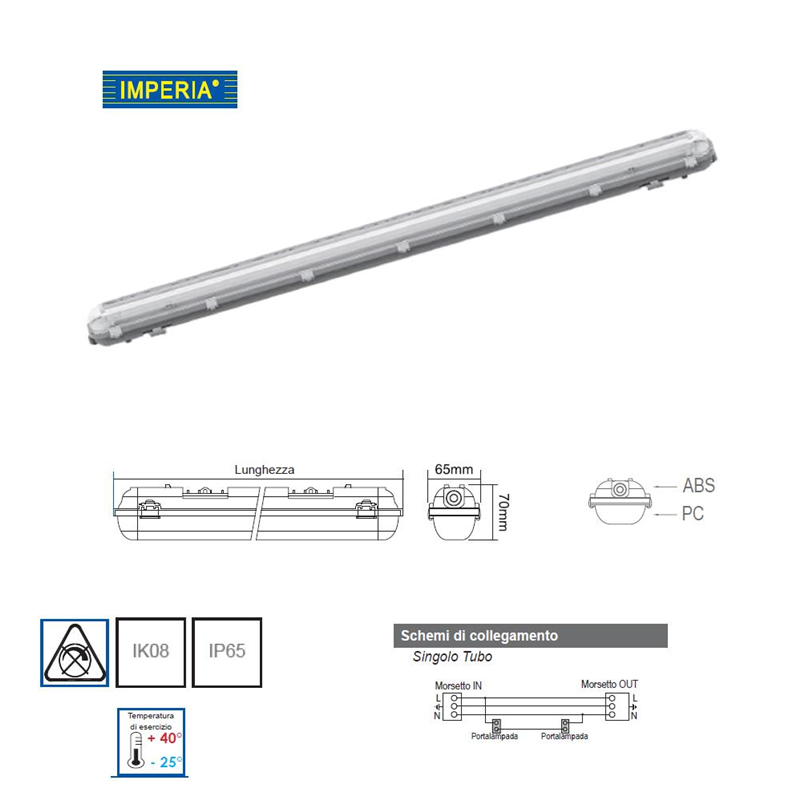 Plafoniera stagna IP65 per singolo tubo LED 1200 cm - Imperia 6012529