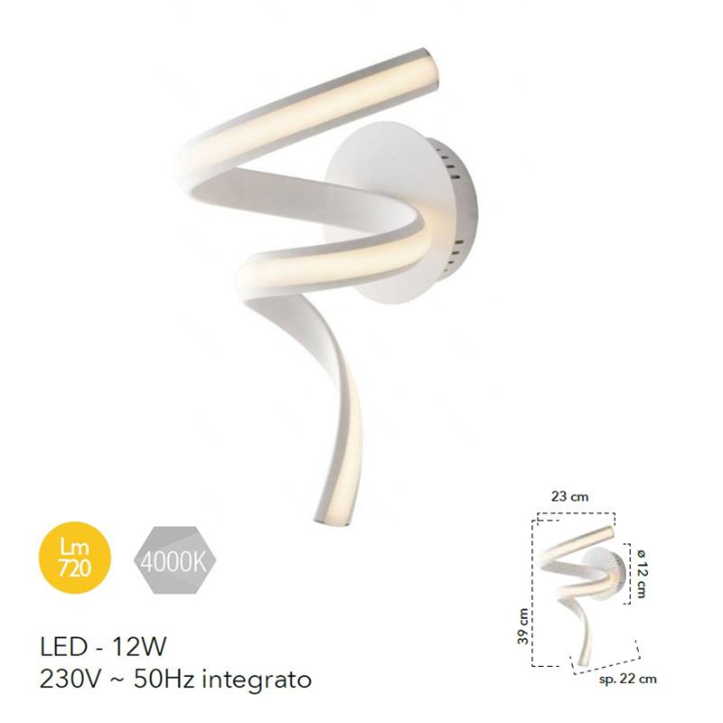 Applique a led a spirale bianco goffrato con diffusore in silicone 12W 4000K - Fan Europe LED-MYSTRAL-AP