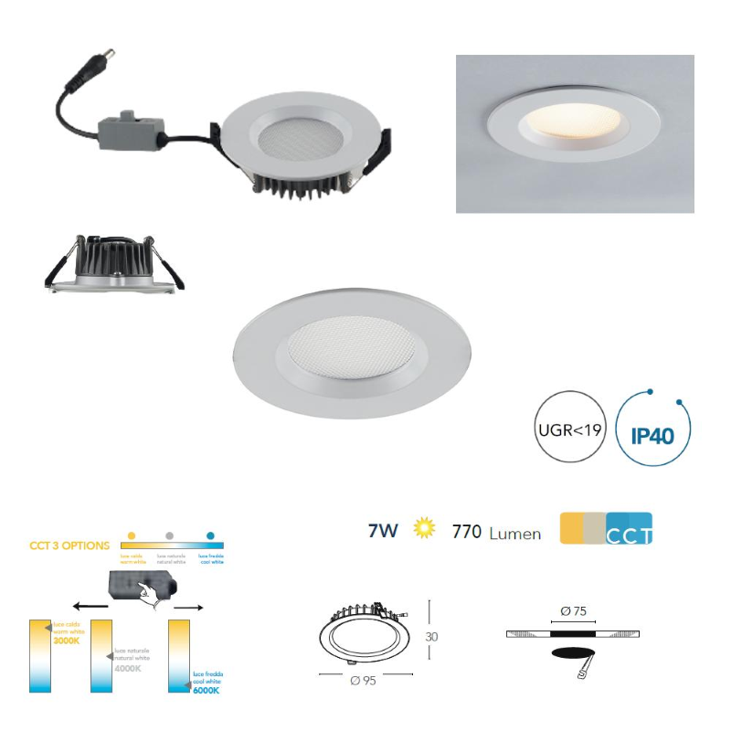 Faretto led incasso bianco opaco 7W CCT UGR<19 IP40 - Fan Europe INC-TRON-7