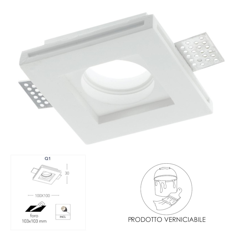 Portafaretto quadrato in gesso da incasso a scomparsa bianco verniciabile 1XGU10