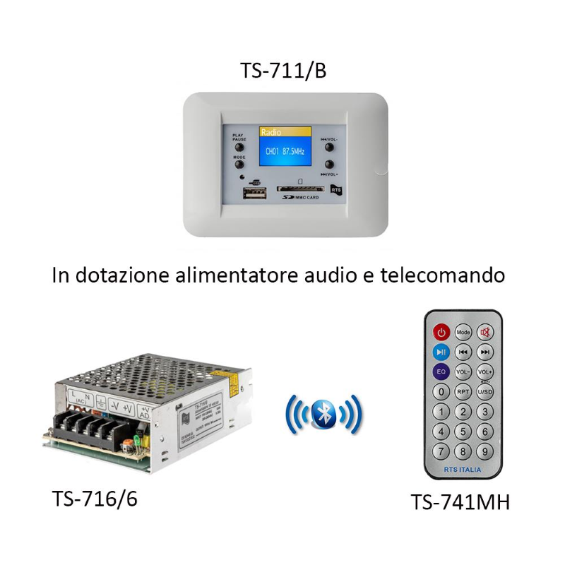 Centrale audio stereo RTS 50+50 watt rms da incasso TS-711/B in dotazione alimentatore audio e telecomando